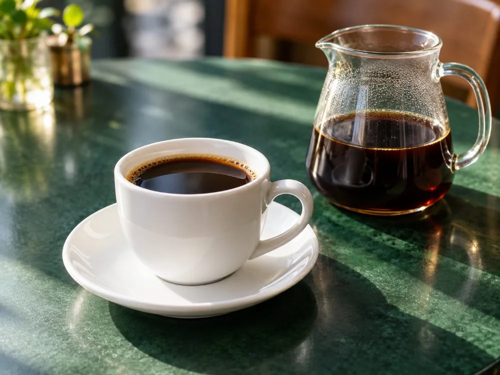 A cup of light-roast Finnish filter coffee on a caf&eacute; table