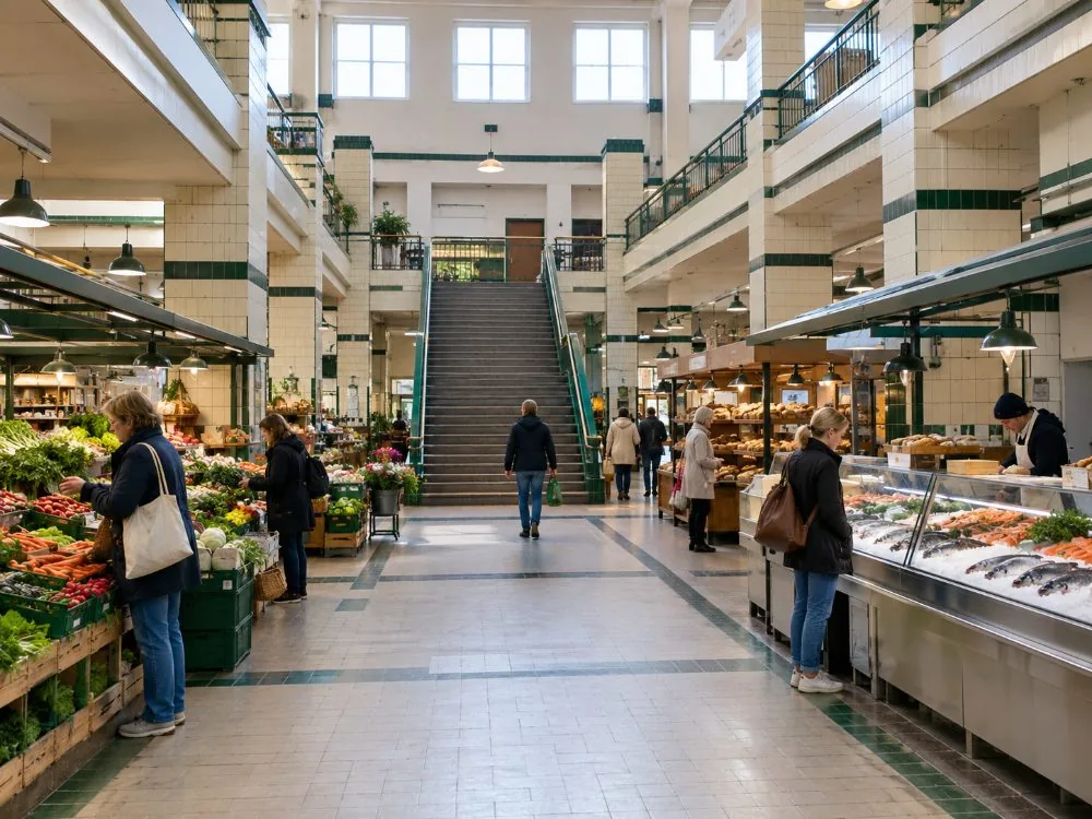 The food floor of Hakaniemi Market Hall, where people in Helsinki shop