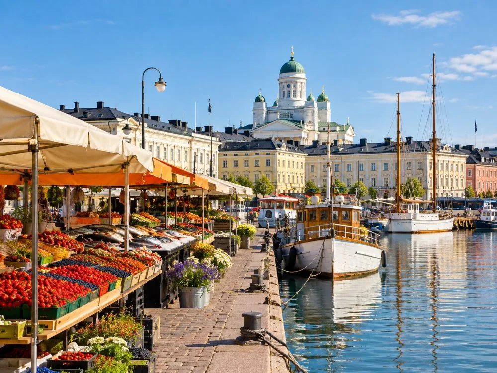 Market Square on the Helsinki waterfront with the stalls under orange tents