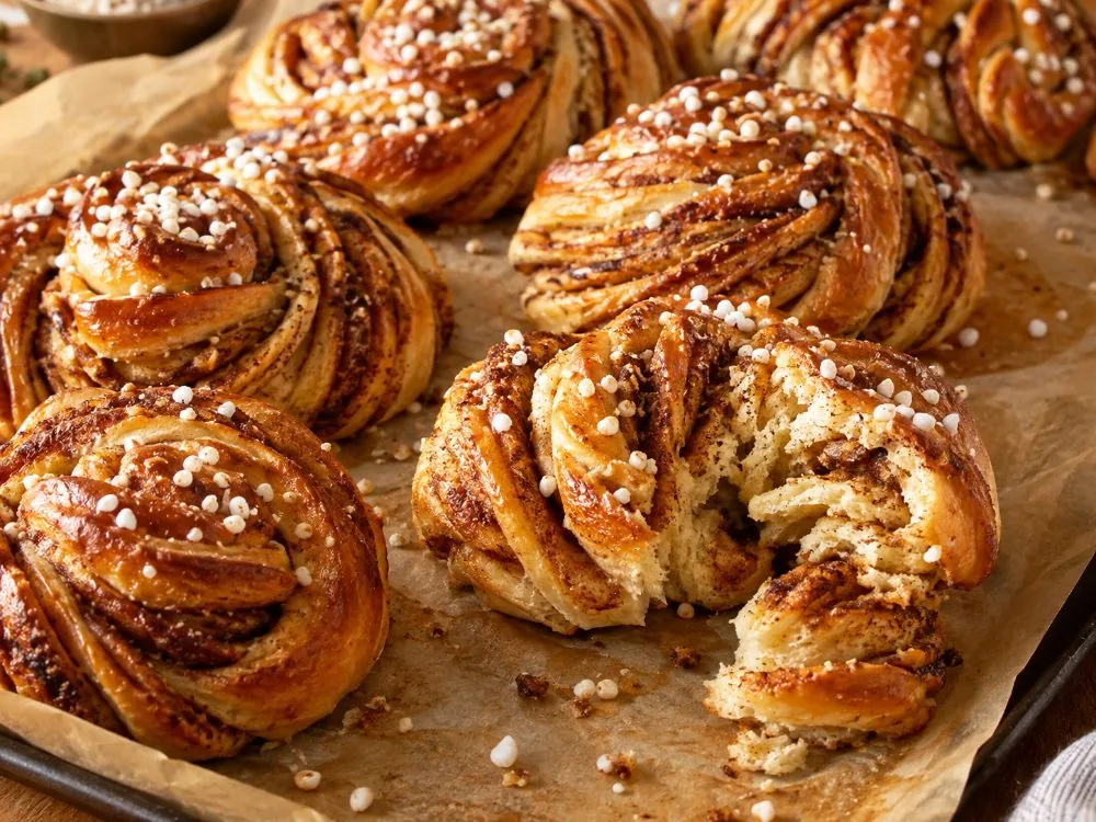A Finnish korvapuusti cardamom and cinnamon bun with the layers fanned out