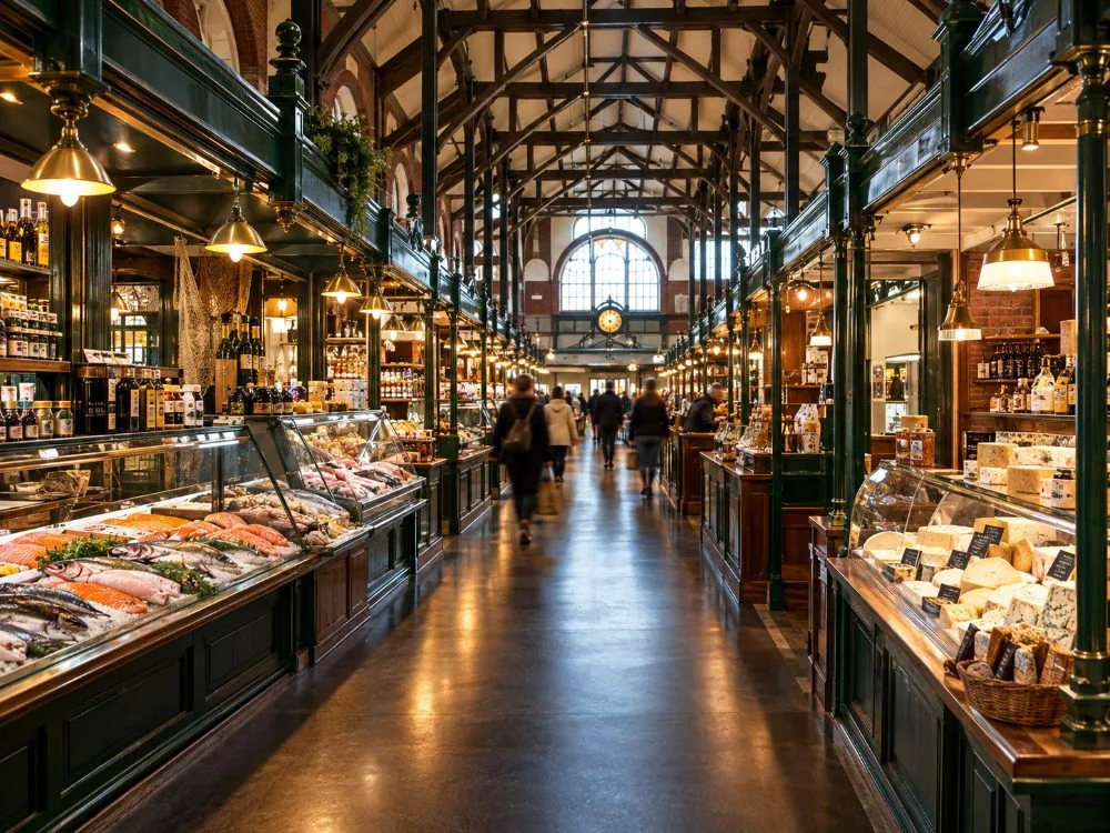 The long aisle of wooden counters inside the Old Market Hall in Helsinki
