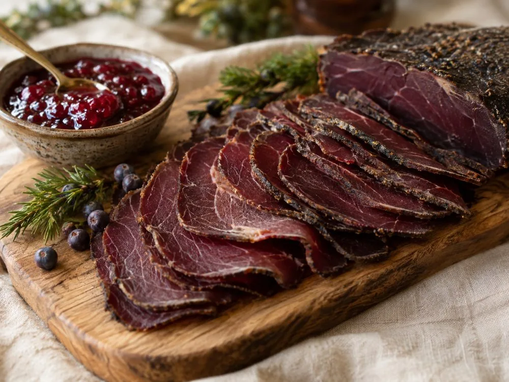 Slices of cold-smoked reindeer from Lapland on a tasting board